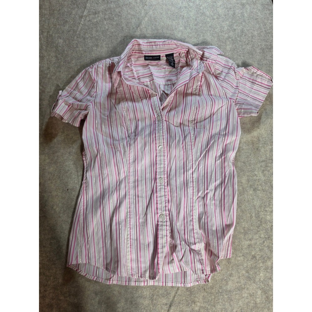 New York & Company Pink Striped Gold Metallic Stretch Button Down Shirt Small